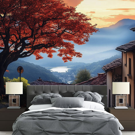Japanese landscape wallpaper with red maple tree and mountains shown in a modern living room setting with minimal furniture