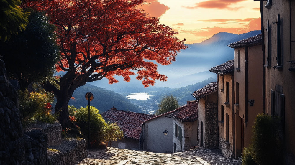 Japanese mountain landscape design file with autumn maple tree and misty peaks