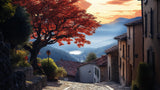 Japanese mountain landscape design file with autumn maple tree and misty peaks