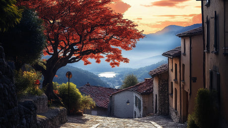 Japanese mountain landscape design file with autumn maple tree and misty peaks