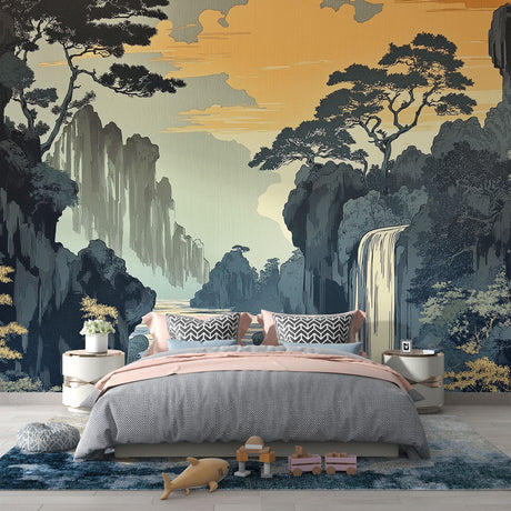 Japanese landscape wallpaper creating zen atmosphere in modern living room with gray sofa and natural light