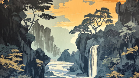 Japanese waterfall and mountain design file showing intricate sunset details and peaceful atmosphere