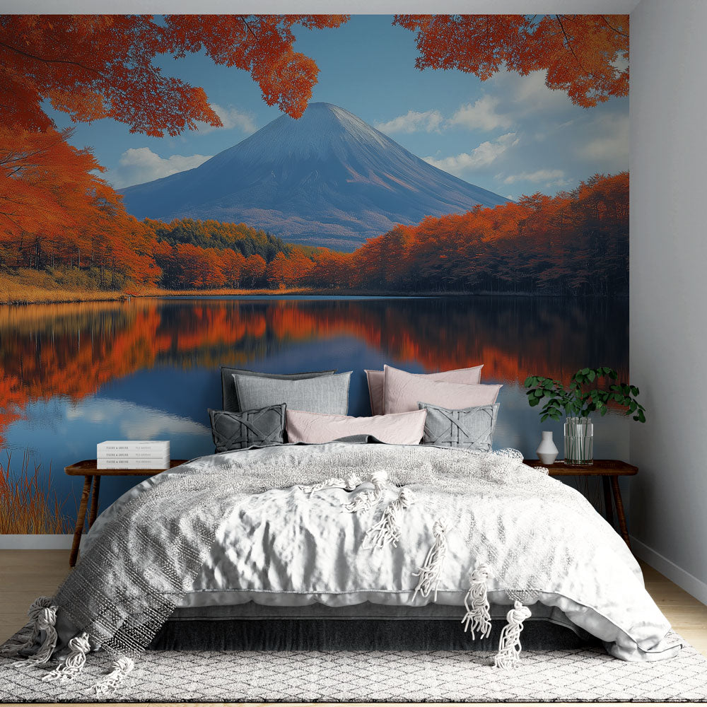 Japanese Mountain Mural showing Mount Fuji displayed in a modern living room, creating a peaceful atmosphere