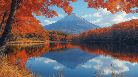 Mount Fuji autumn lake reflection design file with vibrant maple trees and mirror-like water surface