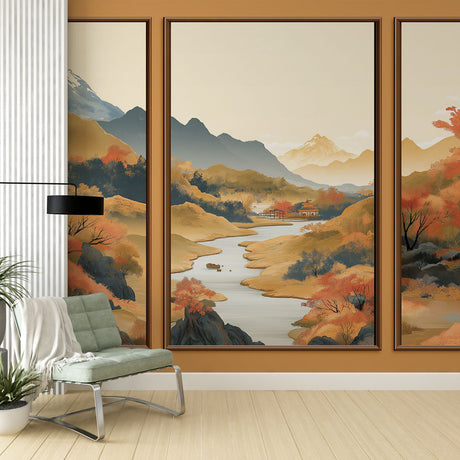 Japanese mountain mural wallpaper creating depth in a modern living room, golden autumn tones complement contemporary furniture