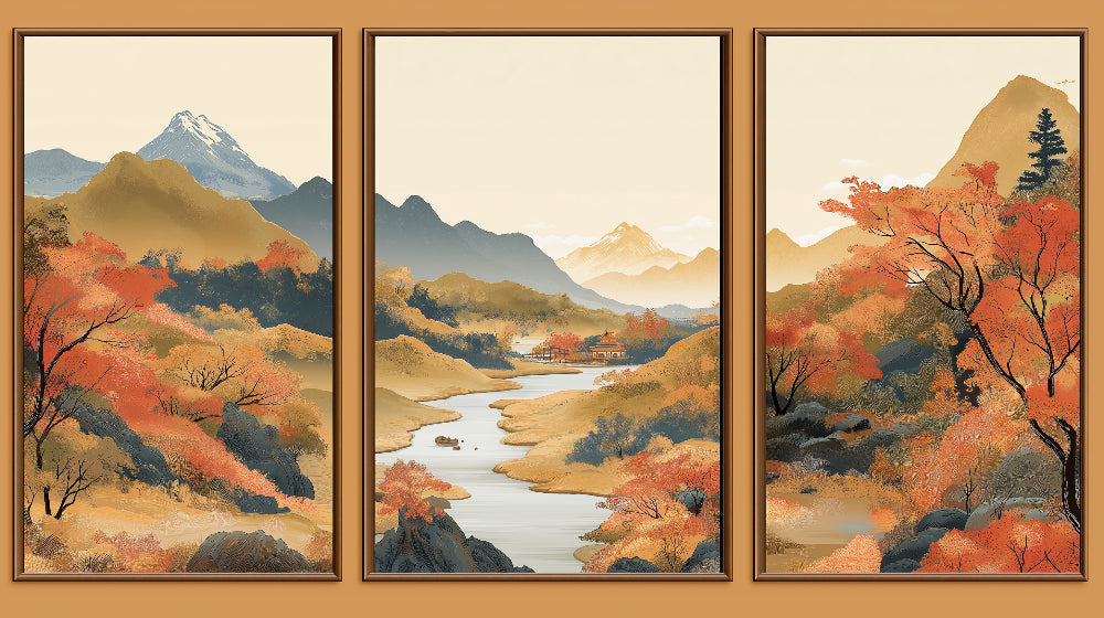 Japanese landscape design file showing detailed autumn river scene with mountains and maple trees