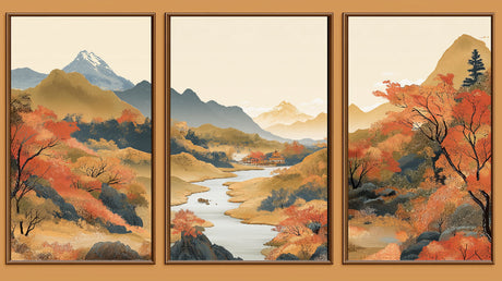 Japanese landscape design file showing detailed autumn river scene with mountains and maple trees