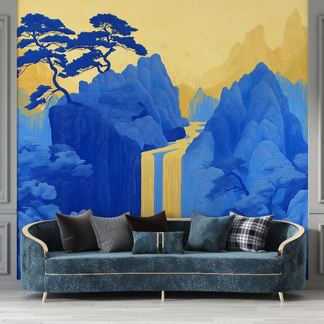 Japanese mountain mural wallpaper showcased in a minimalist living room with natural light highlighting the golden accents