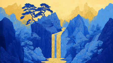 Japanese mountain wallpaper design file showing intricate waterfall and golden sky pattern