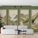 Japanese mountain wallpaper with cherry blossoms shown in a modern living room, creating a peaceful Asian atmosphere
