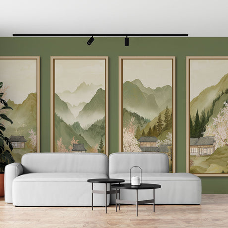 Japanese mountain wallpaper with cherry blossoms shown in a modern living room, creating a peaceful Asian atmosphere
