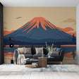 Japanese Mount Fuji wallpaper mural in modern minimalist living room with grey sofa and bamboo accents