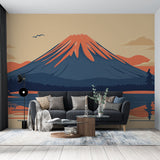 Japanese Mount Fuji wallpaper mural in modern minimalist living room with grey sofa and bamboo accents