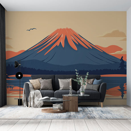 Japanese Mount Fuji wallpaper mural in modern minimalist living room with grey sofa and bamboo accents