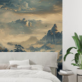 Mountain and pagoda mural creating depth in a home office setting