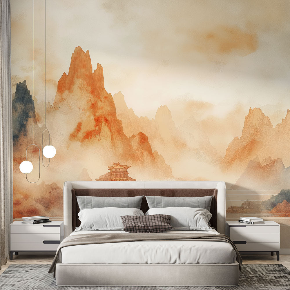 Japanese mountain mural wallpaper with orange peaks and temple creating a peaceful atmosphere in a modern living room