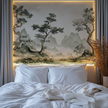Japanese mountain wallpaper creating a zen atmosphere in a modern living room with minimalist furniture