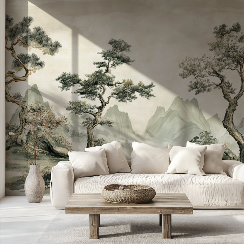 Pine tree mural wallpaper bringing calm to a master bedroom with soft lighting