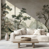 Pine tree mural wallpaper bringing calm to a master bedroom with soft lighting