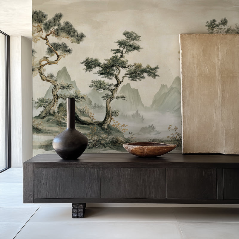 Mountain landscape wallpaper making a statement in a meditation room