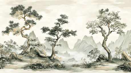 Japanese mountain and pine trees design file showing intricate brushwork and misty details