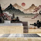 Japanese mountain wallpaper creating a peaceful atmosphere in a modern living room with minimal furniture