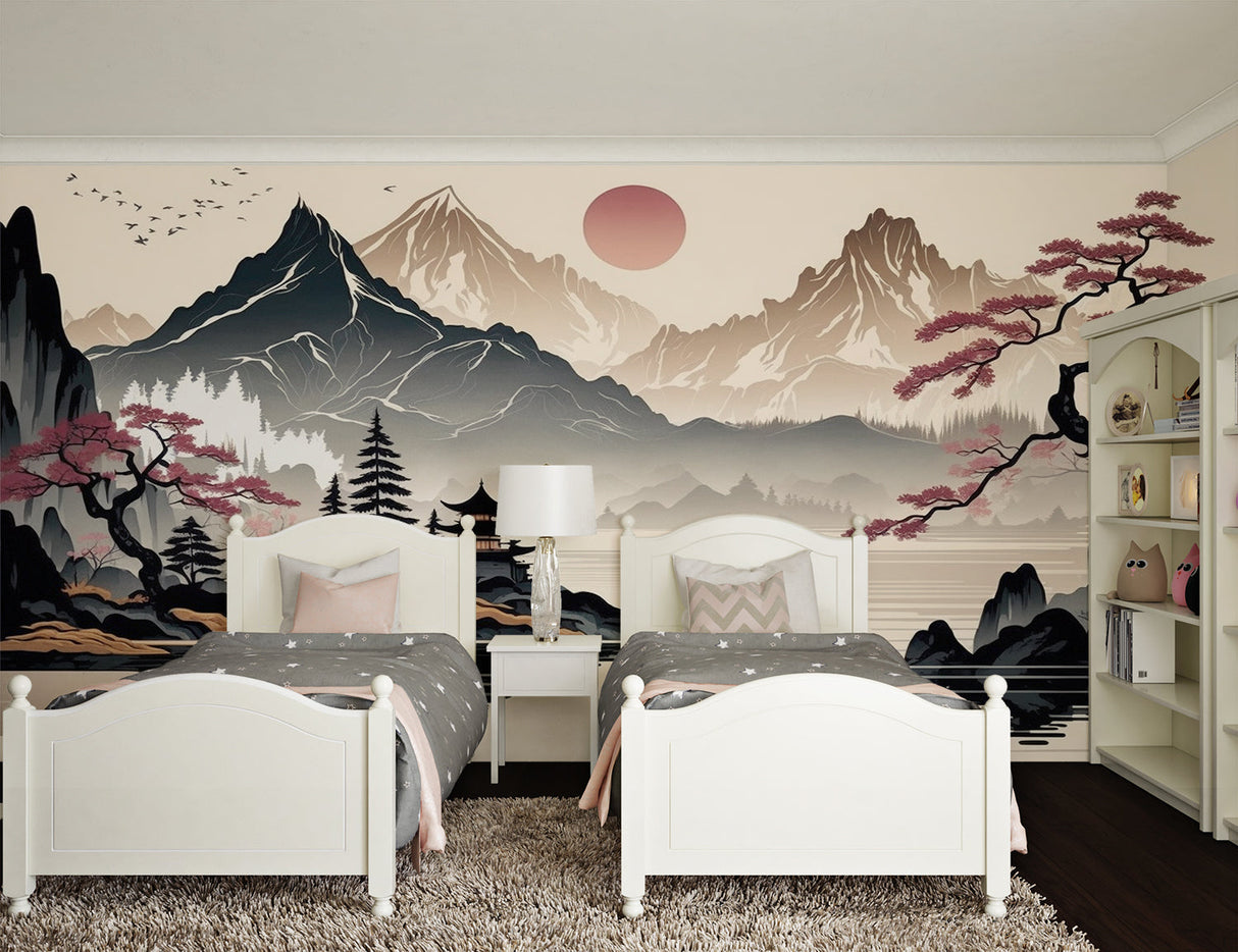 Cherry blossom mountain mural transforming a meditation room with soft sunset lighting