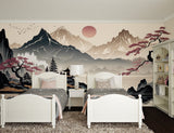 Cherry blossom mountain mural transforming a meditation room with soft sunset lighting