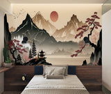 Japanese landscape wallpaper making a bedroom feel larger with mountain vista