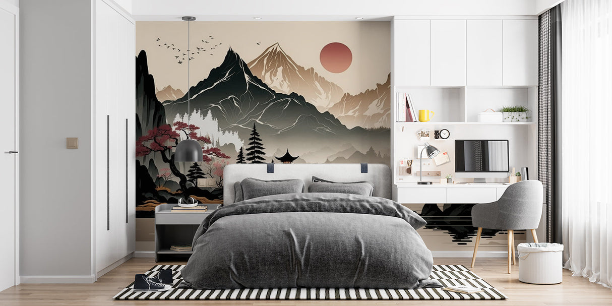 Mountain cherry blossom mural adding depth to a dining room with Asian decor