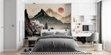Mountain cherry blossom mural adding depth to a dining room with Asian decor