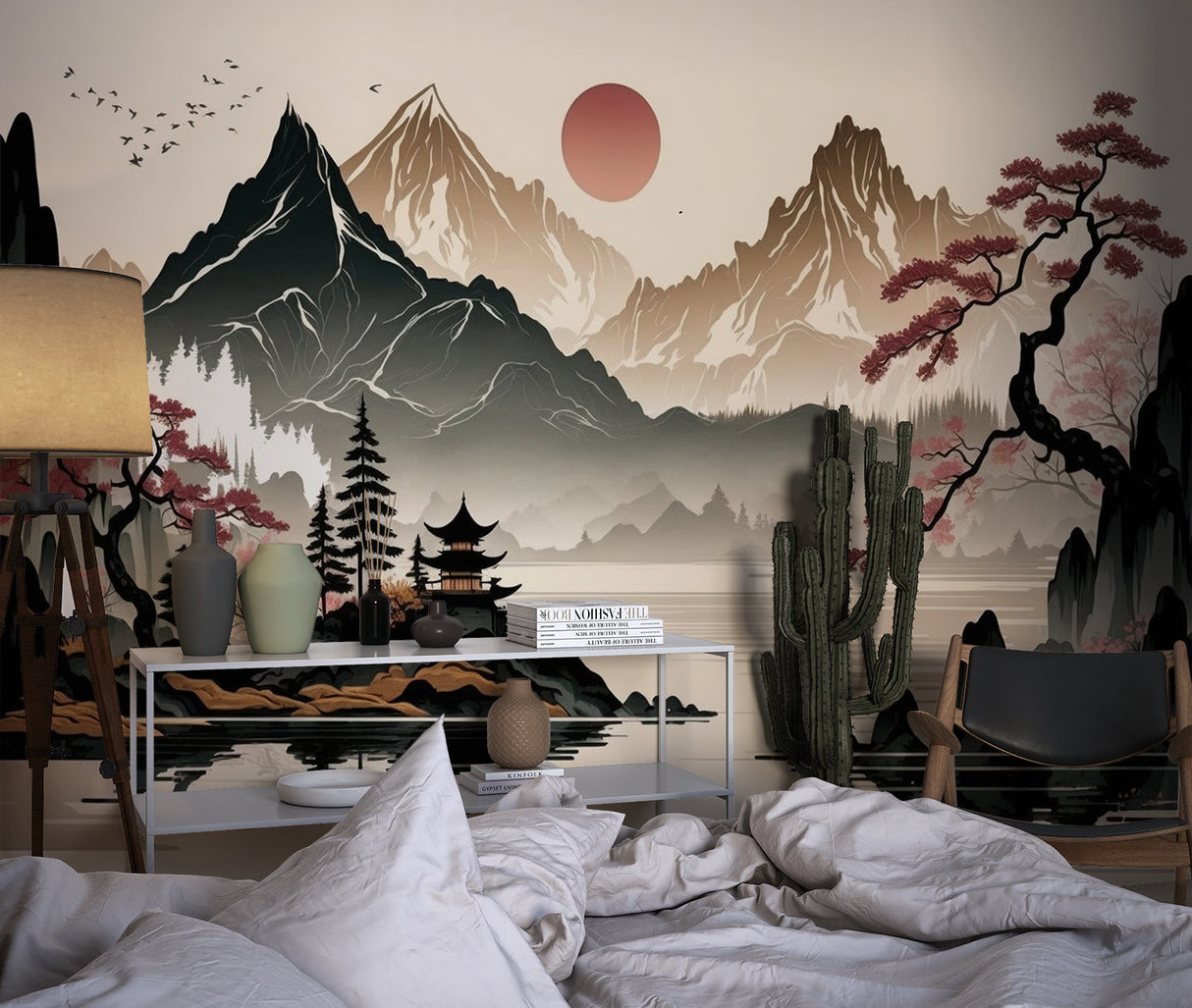 Zen mountain wallpaper creating focus in a home office with natural light