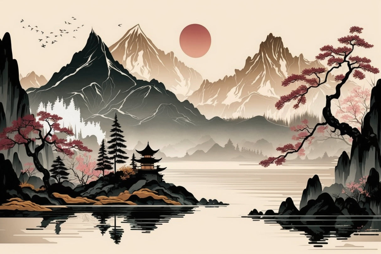 Japanese mountain and cherry blossom design file showing intricate pattern details