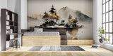 Japanese mountain mural creating a zen atmosphere in a modern living room with minimalist furniture