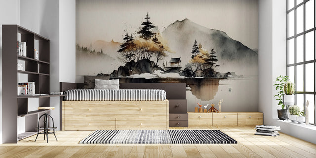 Japanese mountain mural creating a zen atmosphere in a modern living room with minimalist furniture