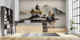 Japanese pagoda wallpaper creating depth in a hallway