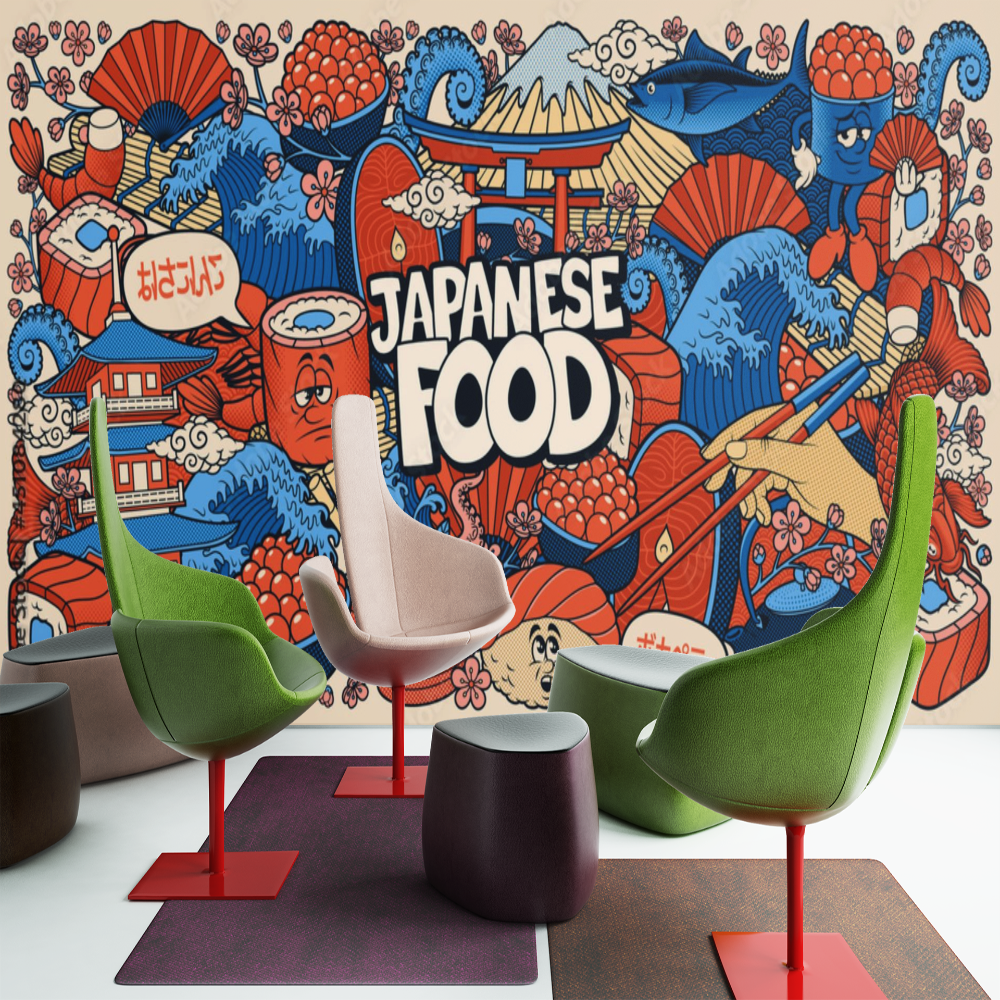 Japanese anime food wallpaper styled in modern restaurant interior with ...