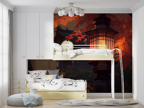 Japanese garden wallpaper creating zen atmosphere in modern living room with autumn lantern design