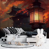 Oriental lantern wallpaper adding warm glow to meditation room