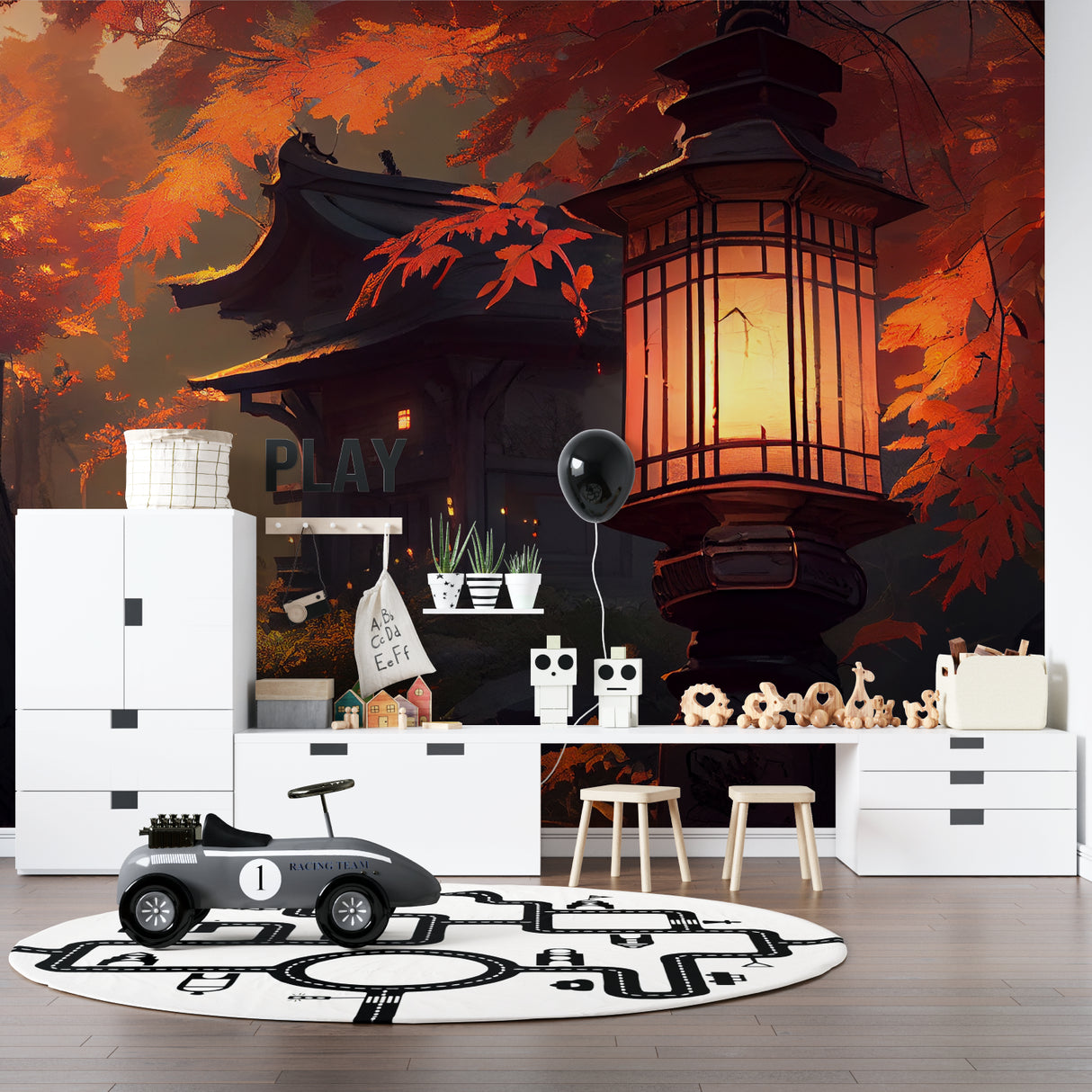 Asian garden mural creating depth in bedroom with lantern theme