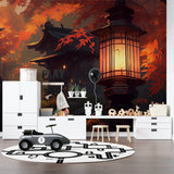 Asian garden mural creating depth in bedroom with lantern theme