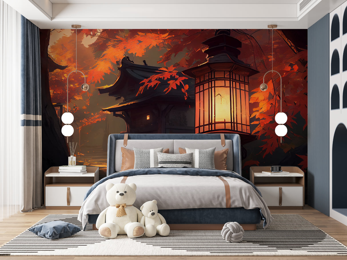 Japanese lantern wallpaper bringing warmth to home office space