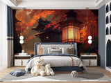 Japanese lantern wallpaper bringing warmth to home office space