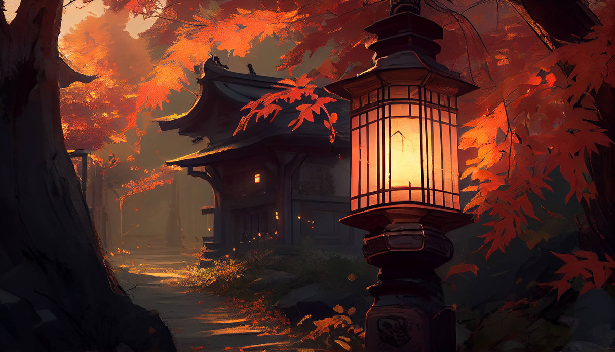 Japanese garden design file showing detailed autumn lantern pattern and maple leaves