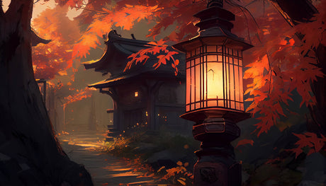 Japanese garden design file showing detailed autumn lantern pattern and maple leaves