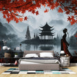 Japanese pagoda wallpaper mural displayed in a modern living room, showing red maple leaves and misty mountains
