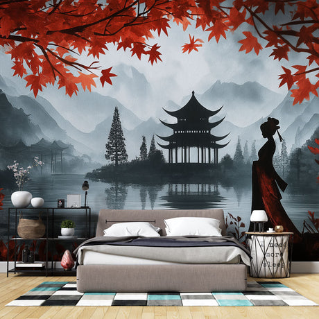 Japanese pagoda wallpaper mural displayed in a modern living room, showing red maple leaves and misty mountains