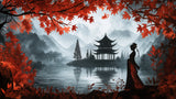Japanese lake scene wallpaper design file with autumn colors and pagoda silhouette