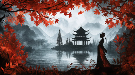 Japanese lake scene wallpaper design file with autumn colors and pagoda silhouette