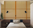 Japanese bamboo grid wallpaper in a modern living room showing geometric pattern and warm honey tones